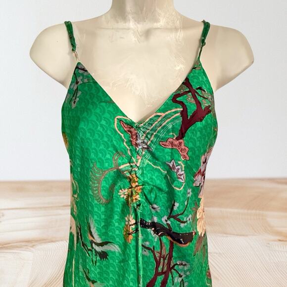 Zara Kelly Green Asian Floral Slip Dress Sz Small Sexy Bird Floral Print Silky - Picture 2 of 6